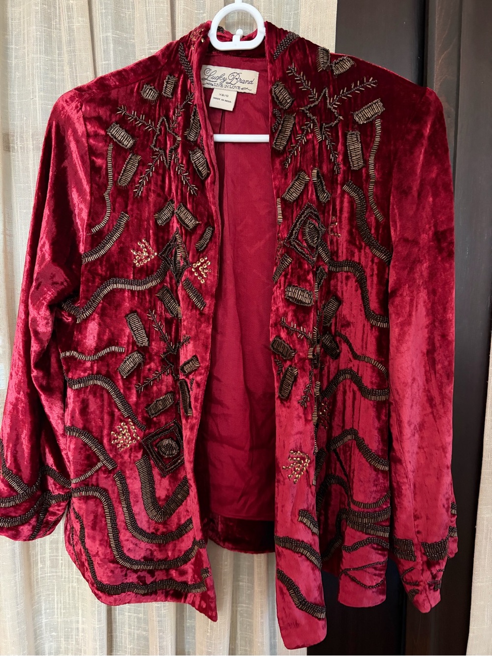 Lucky Brand Red Velvet Beaded Embroidered jacket